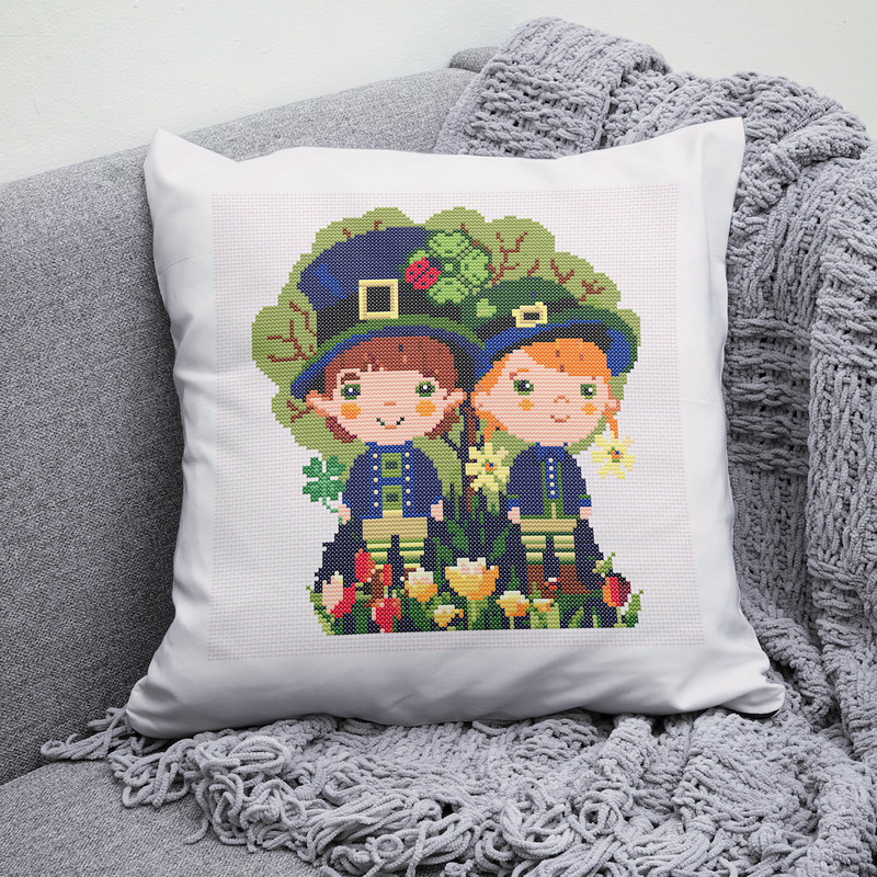 9 Couple of leprechaun children in spring garden with tulips and shamrock St Patrick day cross stitch digital printable A4 PDF pattern for home decor and gift.j