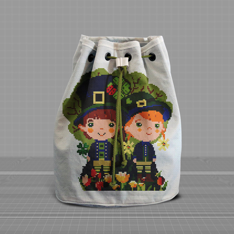 10 Couple of leprechaun children in spring garden with tulips and shamrock St Patrick day cross stitch digital printable A4 PDF pattern for home decor and gift.