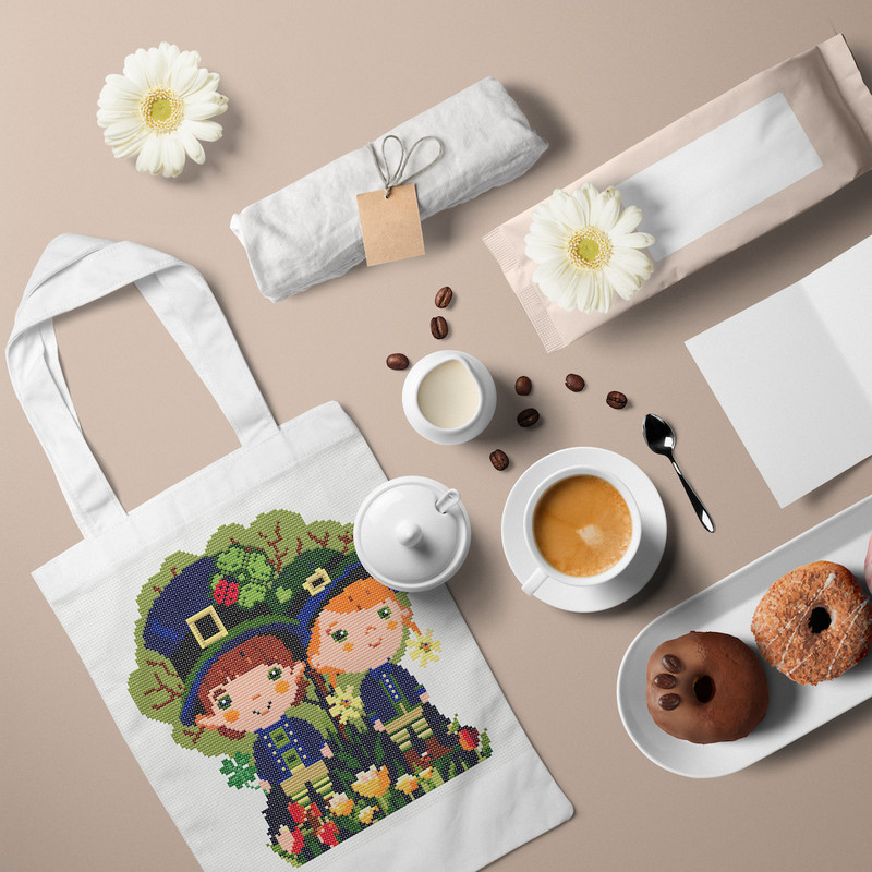 11 Couple of leprechaun children in spring garden with tulips and shamrock St Patrick day cross stitch digital printable A4 PDF pattern for home decor and gift.