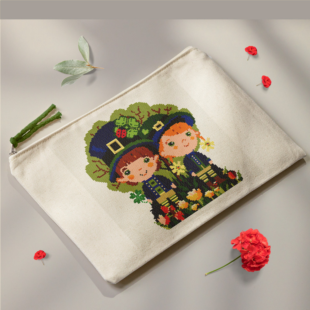 12 Couple of leprechaun children in spring garden with tulips and shamrock St Patrick day cross stitch digital printable A4 PDF pattern for home decor and gift.