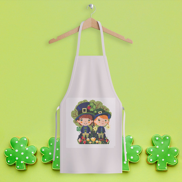 13 Couple of leprechaun children in spring garden with tulips and shamrock St Patrick day cross stitch digital printable A4 PDF pattern for home decor and gift.