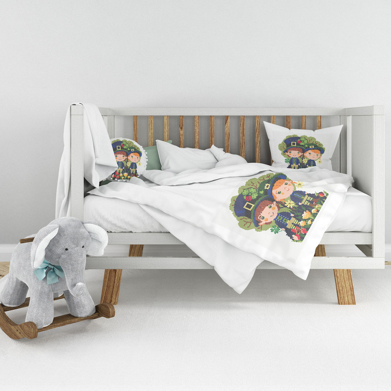 14 Couple of leprechaun children in spring garden with tulips and shamrock St Patrick day cross stitch digital printable A4 PDF pattern for home decor and gift.