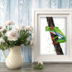 Green Frog Painting Watercolor Wall Decor 8"x11" home art  frogs watercolor painting by Anne Gorywine
