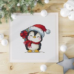 Little Penguin Cross Stitch Pattern, Christmas Penguin Cross Stitch, SantaCross Stitch, Winter Small Embroidery Pattern