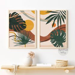Abstract Tropical Art Set of 2 Prints, Minimalist Monstera Wall Art, Burnt Orange Green Boho Coastal Bedroom Wall Decor