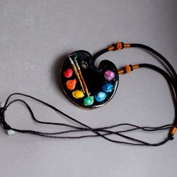 black Artist Palette Jewelry Ceramic Necklace Cord pendant Rainbow Painter Porcelain