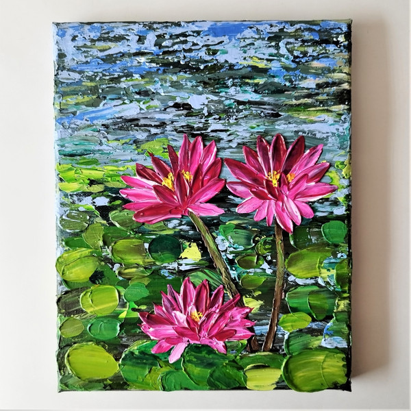 Acrylic-landscape-painting-pink-lotuses-lake-wall-decor-textured-artwork.jpg