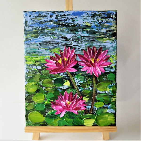 Acrylic-textured-painting-on-canvas-floral-art-pink-water-lilies-wall-decor.jpg