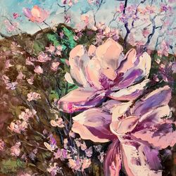 Magnolia Flowers Trees Mountains Original Art Oil Painting impasto Artist Svinar Oksana