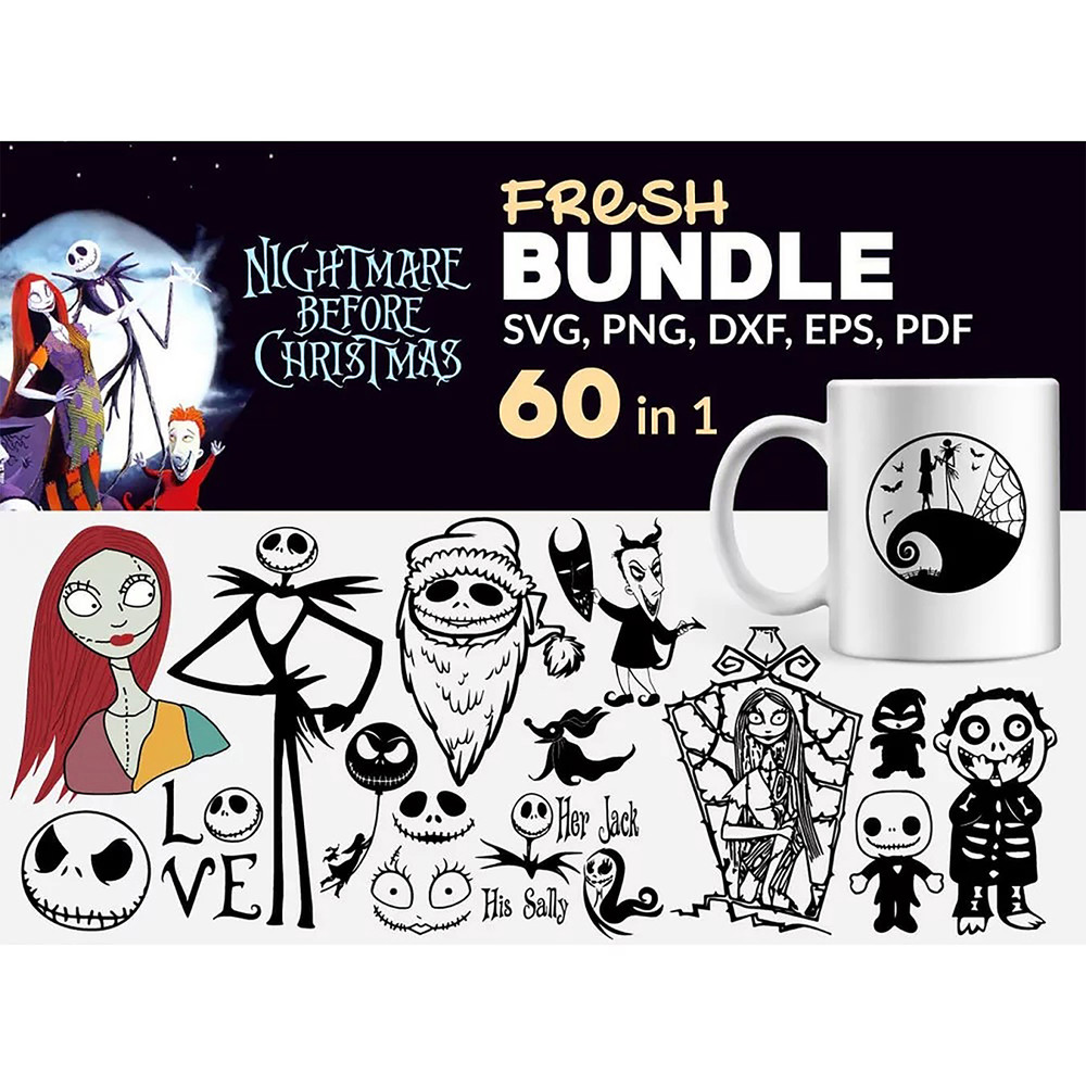 60 The Nightmare Before Christmas SVG Bundle, Jack Skellington Clipart PNG, Sublimation Designs, Jack Skellington Layered SVG, Instant download .jpg