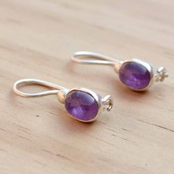 Purple Amethyst Crystal Silver Earrings For Women, Gemstone And 925 Sterling silver Minimalist Handmade Jewelry