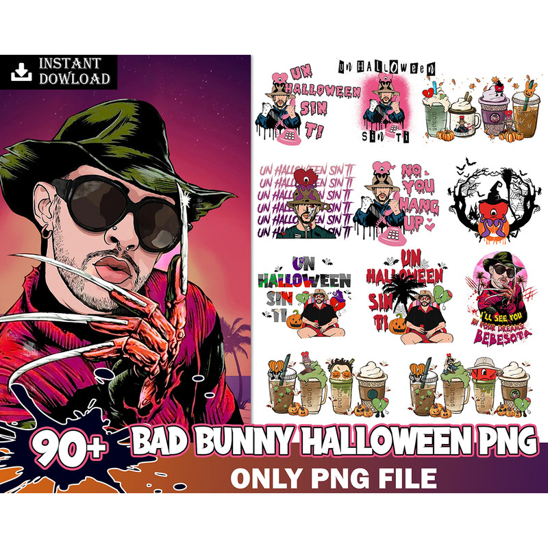 90 Bad Bunny Halloween, Halloween Shirt, Halloween Png bundle, Un Verano sin Ti Halloween PNG, Benito Png, Instant Download.jpg