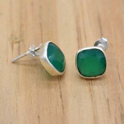 Square Green Onyx Silver Stud Earrings For Women, Gemstone & 925 Sterling Silver Minimalist Handmade Jewelry