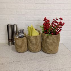 HANGING WALL STORAGE basket Crochet jute basket with handle Kitchen wall decor Eco friendly product Boho decor Gift