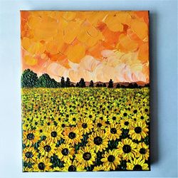 acrylic painting of a sunset landscape with field sunflower - impasto technique