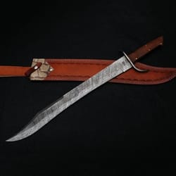 26" custom forged damascus steel sword handle with brown micarta with leather sheath