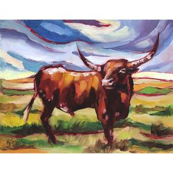 Longhorn Painting Bull Original Art Farm Animal Painting Texas Cow Artwork 8 by 10 by SviksArtPainting