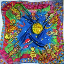 Square silk scarf with funny cats. Silk scarf hand-painted. Luxury silk scarf. Mothers Day gift.