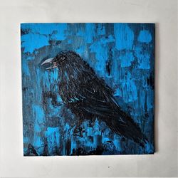 Black Raven Acrylic Art - Abstract Bird Crow Painting in Blue