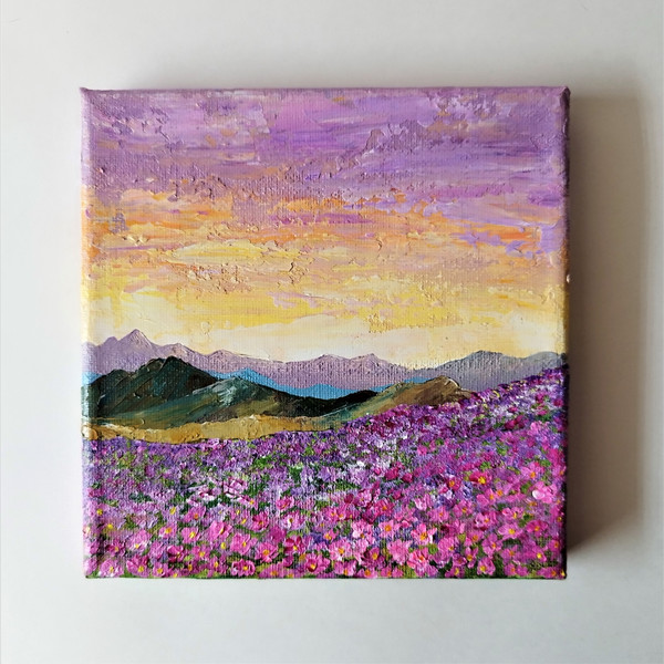 Landscape Painting: Acrylic Mini Canvas Art of a Pink Floral