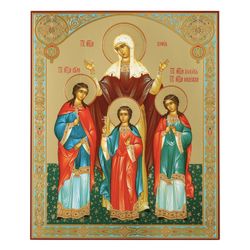 Saint Sophia & her three daughters: Faith, Hope, and Love | Large XLG Russian icon on wood | Size: 15.7" x 13"