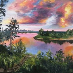 Sunset, Sunset on the river, Oil Landscape, Clouds, River, Oil painting