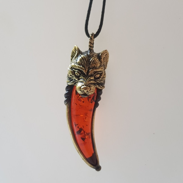 Wolf Fang Necklace Jewelry Red Gold Pendant Halloween Jewelry Animal Necklace Amber Amulet Pendant brass jewelry vampire jewelry.jpg