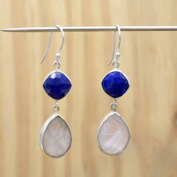 lapis & rose quartz drop dangle earrings for women, colorful crystal and 925 sterling silver handmade unique jewelry