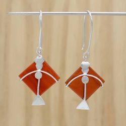 Red Carnelian Kite Drop Dangle Earrings For Women, Square Gemstone 925 Sterling Silver Artisan Handmade Jewelry
