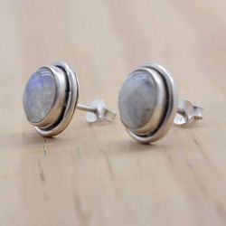 Moonstone Stud Earrings, Silver Minimalist Earrings Handmade, Crystal Earrings Stud, Dainty Sterling Silver Earrings