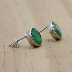 Green Onyx Gemstone Silver Stud Earrings For Women, Crystal & 925 Sterling Silver Unique Handmade Minimalist Jewelry