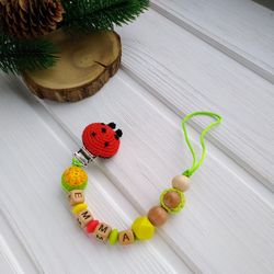 Ladybug dummy clip chain for baby girl - personalised wooden crochet pacifier clip - keepsake baby shower favor gift