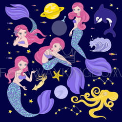 mermaid in space galactic princess vector illustration set
