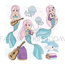 mermaid kids school cartoon travel vector illustration set