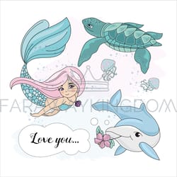 mermaid love cruise tropical cartoon vector illustration set