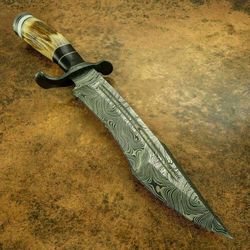 Blacksmith Handmade Damascus Steel Bowie Knife, Stag Horn Handle