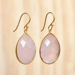 Teardrop Rose Quartz Drop Dangle Earrings For Women, Pear Shape Gemstone And 925 Sterling Silver Handmade Unique Jewelry
