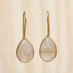 Golden Rutile Earrings, Silver Drop Earrings, Dangle Gemstone Earrings Women, Teardrop Stone Earrings, Handmade Jewelry