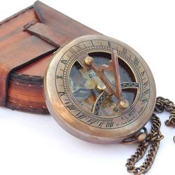 Beautiful Brass Antique Sundial Compass | Come with Leather Case | Push Open Compass with Chain | Antique Brass Finish