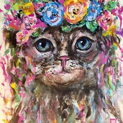 Cat in flowers original painting