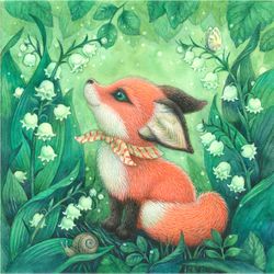 Fox watercolor painting, red fox art print, cute fox print