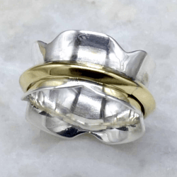 Two Tone Fidget Spinner Anxiety Ring For Women, Brass Cooper & 925 Sterling Silver Handmade Unique Jewelry, Gift For Her