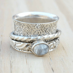 Moonstone Ring, Fidget Spinner Ring, Anxiety Sterling Silver Ring Women, Floral Meditation Ring, Thumb Ring Wide Band
