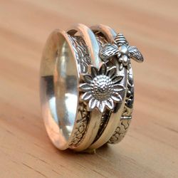Sunflower & Bee Fidget Spinner Ring Women Anxiety, Sterling Silver Solid Unique Jewelry, Handmade Gift For Her Birthday
