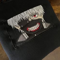 ken kaneki embroidered crewneck, tokyo ghoul embroidered sweatshirt, inspired embroidered manga anime hoodie