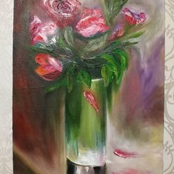red roses art still life with flowers painting 15*23 inch red roses in a vase painting