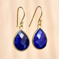 Dyed Sapphire Earrings, Women Gemstone Dangle Earrings, Drop Stone Earrings Silver, Blue Crystal Earrings, Handmade Gift