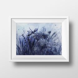 Watercolor landscape with wildflowers and dragonfly Watercolor digital file Poster A2