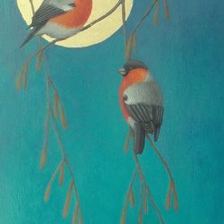 bird painting gold leaf artwork original acrylic art bullfinch painting modern wall art contemporary