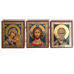 Orthodox icon triptych | Kazan Theotokos - Jesus Christ - Nicholas the Wonderworker | Orthodox gift | free shipping